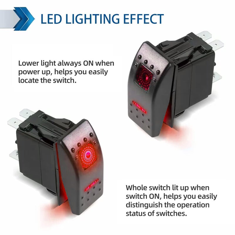 FXC Rocker Switch 5Pin Laser On/Off Red LED Light 20A/12V 10A/24V Toggle Switch with Jumper Wires Set for Automotive Boat Marine Truck Jeep Off-Road Bus RV - Image 2